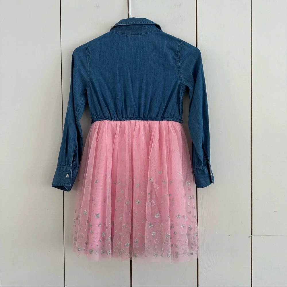 Girls Justice Denim Tulle Dress Sz 8 Sparkle Hearts Long Sleeve